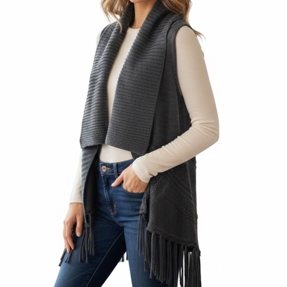 Dex Shawl Collar Fringe Sweater Vest Size Small Grey Wool Angora